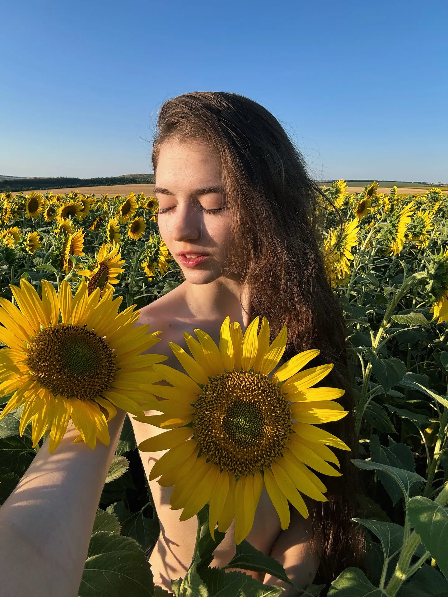 A young woman with long brown hair stands in a vibrant sunflower field, holding two large yellow sunflowers close to her face against a clear blue sky.